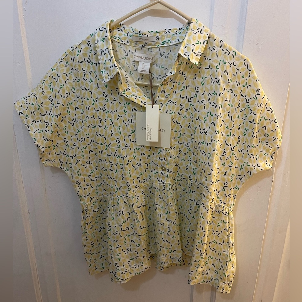 NWT Cynthia Rowley Yellow and Blue lemon Patterned linen Top